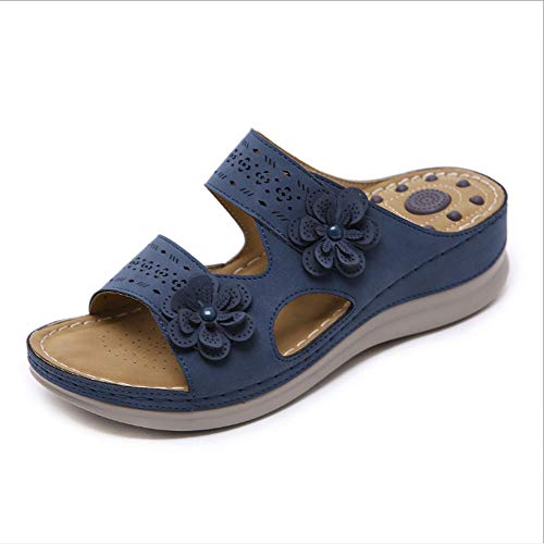 LYANG Dame de la Mode Fleur Pantoufles Sandales à Plateforme Dcontract Summer Beach Chaussons Confortables à Bout Ouvert,Royal Blue,38 Cover