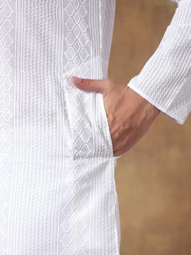 Image of Men's Solid Regular Fit Ethnic Wear White Kurta Pajama Set with Front Pocket