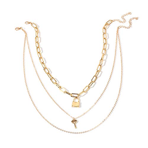 Tanpie Layered Choker Necklaces Key Lock Pendant Alloy Chain Multilayer Statement Necklace for Women Girls - Gold