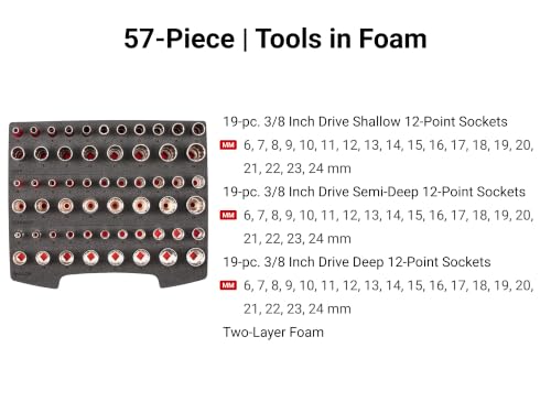 Image of TEKTON 3 /8 Inch Drive 12-Point Socket Set, 57-Piece | SHD91702
