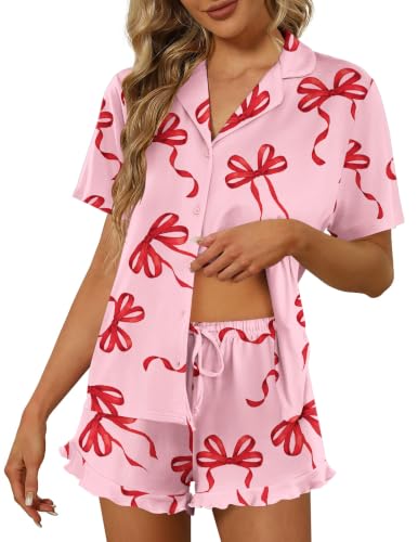 Image of Ekouaer Pajamas Set for Women Short Sleeve Sleepwear Button Down Ruffle Pjs