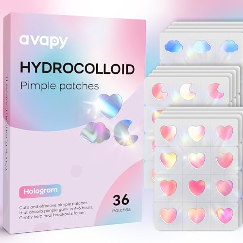 AVAPY Pimple Patches for Face, Cute Hydrocolloid Acne Patches, Colorful Hologram Heart Sport Stickers, Zits & Blemish, Pimple Patch with Salicylic Acid, Blue Pink Heart Moon Cloud 12MM(36 Count)