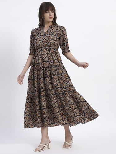 Image of Women's Fit and Flare Dress I Pure Cotton Long Summer Maxi Dress I V-Neck I Casual Wear I Printed Kalamkari Floral Middi