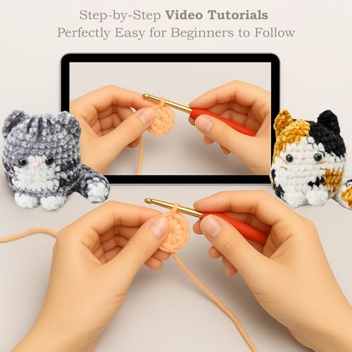 Image of HOUSE CREATIVITY Chenille Crochet Kit for Beginners, Make 2 Ultra-Soft Cat Plushies, Amigurumi Crochet Starter Kit with Video Tutorial, Plush DIY Craft Kit with Chenille Yarn, Hook, Eyes & Stuffing