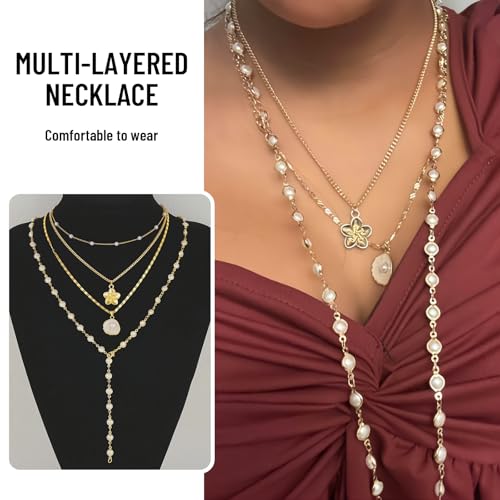 4 Stück Mode Minimalistisches Boho Shell Blumen & Faux Perlen Y-Halskette Set, Vielseitig Für Party, Geschenk, Goldene Kette Damen, Kreuz Anhänger – Bild 5