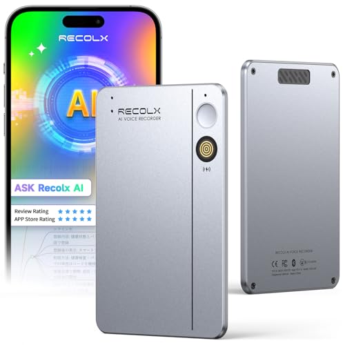 AIボイスレコーダー【生産性を爆上げ•第二の頭脳】Recolx AI議事録 超高精度文字起こし/最先端AI自動要約/同時通訳/行動リスト/AIに質問/話者識別機能/専門用語 通話/対面録音 AI指向性収音レコーダー 最大7m音声収音 112ヶ国語対応 マルチモーダル入力 アプリ連動 極薄 会議・面談・講演内容自動整理 iPhone&Android対応 専用ケース付属