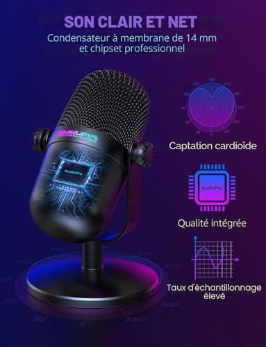 Microphone de Jeu avec Suppression du Bruit et Bouton muet, Microphone à condensateur USB pour Streaming/Enregistrement, Design Ultra Compact, Compatible avec PC/Mac/PS4/PS5, Podcast/Youtube/Twitch – vue 2