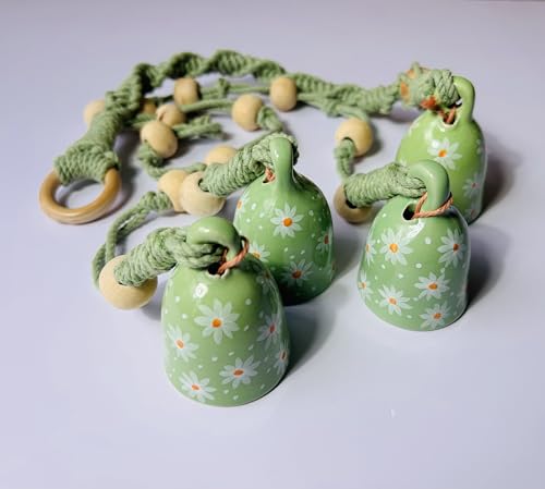Image of Mundane | Pack of 2 (Combo) Macrame Bell Hangings with Hand-Painted Ceramic Bells | Green Daisy Design | Boho Wall & Balcony Decor