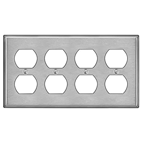 BESTTEN 4-Gang Metal Wall Plate for Duplex Receptacle Outlet, Standard Size 4.5" x 8.187", Stainless Steel Heavy Duty Switch Cover, Industrial Grade 430SS, Silver Cover