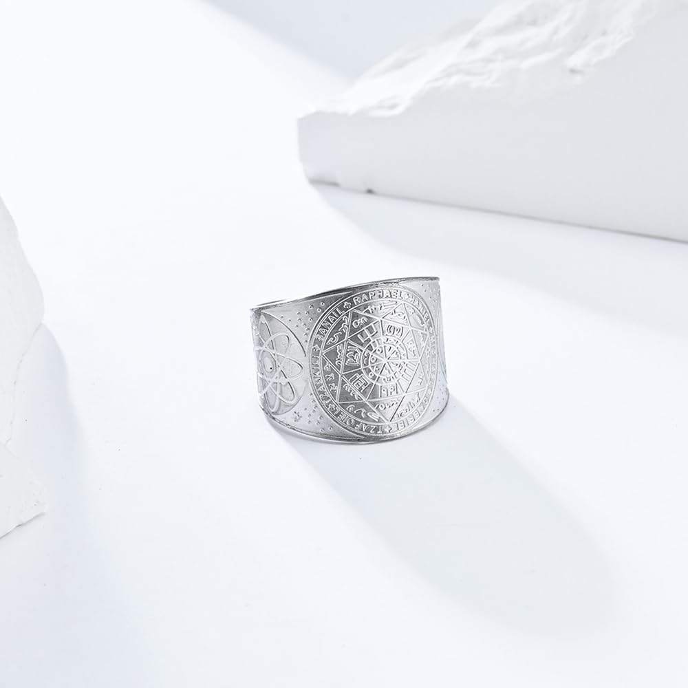 Anillo de cábala Salomón de acero inoxidable con diseño de sello de los siete arcángeles, forma de triángulo, estrella de David, amuleto de protección de estrella de David, para mujer, regalo de 4