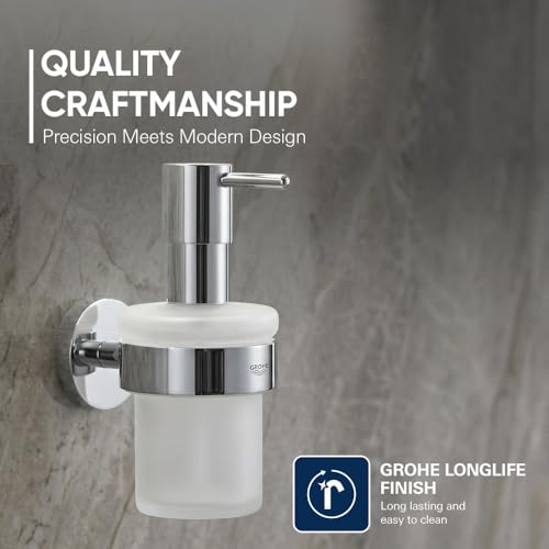 Image of Grohe Essentials Soap Dispenser for Wash Basin | Wall Mounted | 160ml Liquid Soap or Lotion Dispenser | Glass & Metal Construction | 2 Year Warranty | Chrome Finish | 40394001