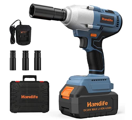Clé à Chocs Sans Fil Brushless,600Nm Boulonneuse a Choc Electrique avec Batterie 4.0Ah 20V, Couple Réglable, Couple élevé, Charge Rapide, avec 4 Douilles à Chocs 17-19-21-23 mm Cover
