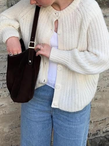 Image of Women's Casual Puff Long Sleeve Crew Neck Cardigan Button Down Open Front Knit Loose Sweater Outwear