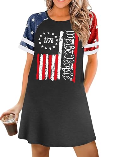 Image of YI XIANG RAN 4th of July Dress Women: American Flag Dresses USA Stars Stripes Shirt Patriotic Tshirt Summer Sundress