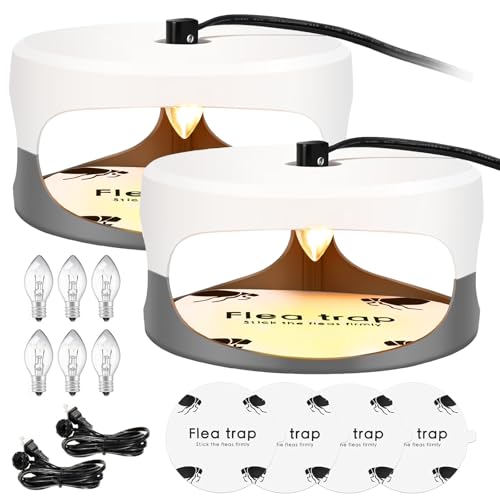 Flea Traps for Inside Your Home 2 Packs, Flea Trap for Indoor, Bed Bug Killer with Sticky Pads & Light Bulb Replacement, Natural Flea Infestation Treatment