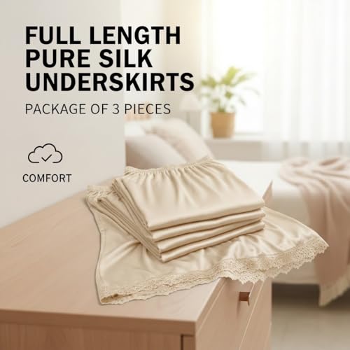 3-Pack Women’s Full-Length Silk Underskirts - Pure Silk Petticoat Slips with Elastic Waistband & Lace Hem Soft Breathable Inner Skirt Set – Multicolor (UAE/KSA, Alpha, M, Regular, Regular, beige)