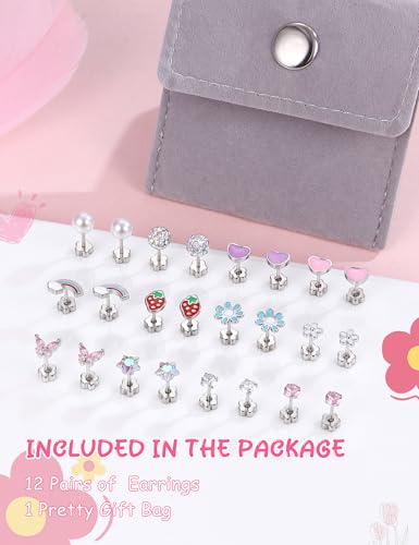 YADOCA 12 Paar Ohrringe Mädchen Kinder Medizinische Ohrstecker Hypoallergen Chirurgenstahl Gesundheitsstecker Kinder Ohrring Mädchen Süße Blume Herz Schmetterling Perle Geschenk Damen, Silber