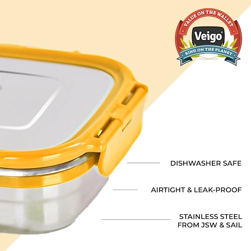 Image of Veigo Original Set Pack of 3 Stainless Steel Airtight & Leakproof Medium Lunch Box with Silicon Ring & Polymer Frame for Re-Heating|Safe Lid Lock|Square (330ML) Yellow