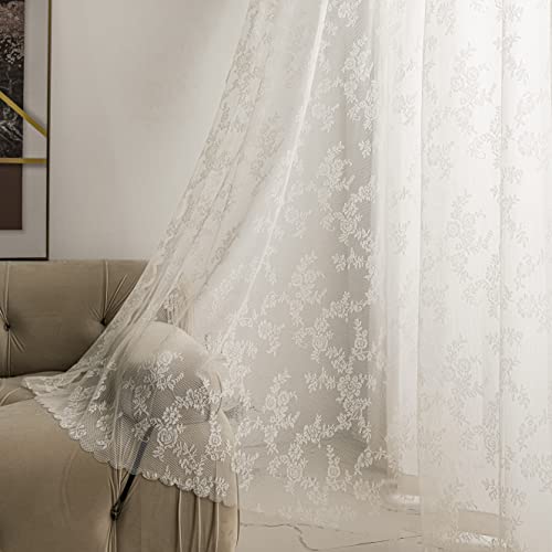 Sutuo Home Cortinas de Encaje Marfil de 84 Pulgadas de Largo, 2 Juegos, Paneles Transparentes Bordados Florales Vintage, Tratamiento de Ventanas de Gasa para Dormitorio, Sala de Estar, Cocina,