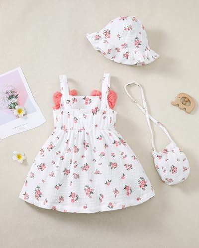 Renotemy Baby Girl Dress 12-18 Month Girls Clothes Summer Cotton Linen Outfits Boho Beach Birthday Flower Dresses 1 Year Old Girl Gifts White Floral Sleeveless Casual Sundress Baby Clothes for Girls