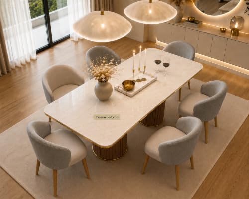Image of 6 Seater Dining Table and Chair with Nano Composite Marble Top and Golden Strip Set | 72 x 36 x 30 Inch Solid Wood Base with Swed Fabric Finish Dining Furniture for Home (Golden & Cream)