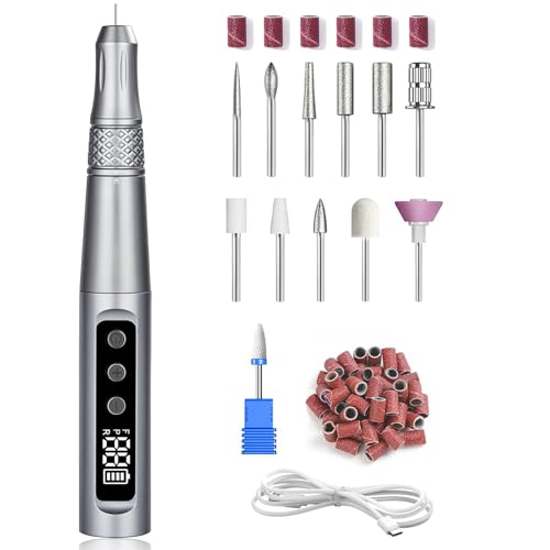 oolong Nail Drill 35000RPM, Rechargeable Cordless Electric Nail File Kit, Professional Portable Manicure and Pedicure Polish Kit with Bits Sanding Bands, Nail File with Twist Lock Salon Quality (Grey)