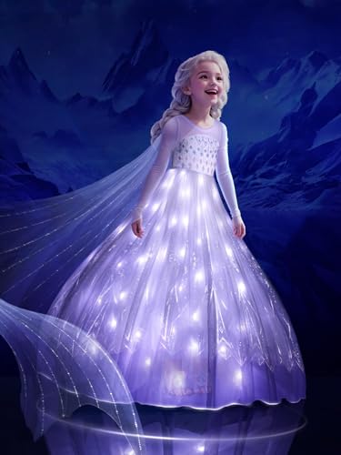 UPORPOR Light Up Elsa Dress Frozing 2 Princess Costume for Girls Snow Ice Queen Dress Up Clothes Teens Halloween Christmas Dress for Toddler Kids Birthday Party Costume and Anna White Purple