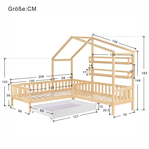 Miniatura 2 de Idemon Cama Infantil Con Cajones Y Estantes, Madera Maciza Con Valla Y Somier, Estructura En L, Natural 90 X 200 Cm 140 X 70 Cm