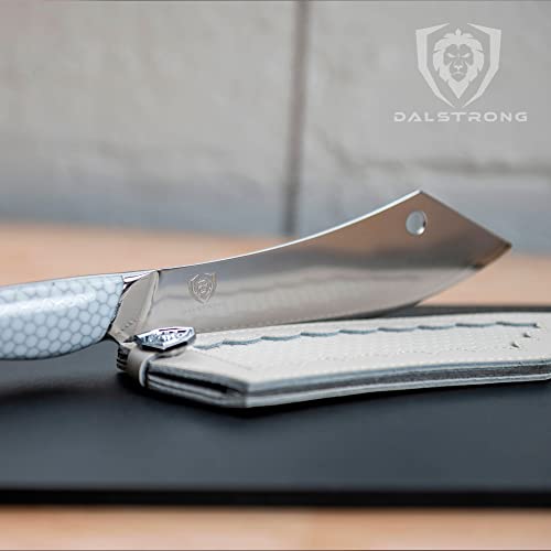 Dalstrong Cleaver & Chef Knife - 8 Inch - 'Crixus' - Frost Fire Series - High Chromium 10Cr15Comov Steel - Frosted Sandblast Finish - White Honeycomb Handle - Leather Sheath - Nsf Certified #TOP7