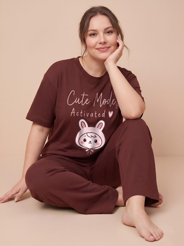 Image of My Swag Womens Nightsuit Set | Cute Bunny Graphic Print T-Shirt & Pajama | Soft Breathable Sleepwear and Loungewear Co-Ord Set for Women