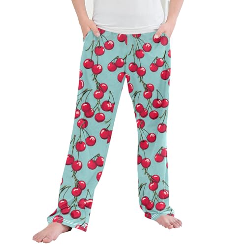 Cherry Fruit Long Pajama Pants Elastic Waist PJ Bottoms with Pockets S A110277