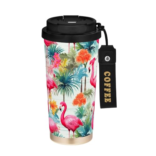 fifbird Coffee Travel Mug with Straw & Lid Flamingo Tropical Summer 16 oz Insulated Tumblers Cup for Office Camping 202b3163