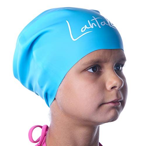 Swim Caps for Long Hair Kids - Swimming Cap for Girls Boys Kids Teens with Long Curly Hair Braids Dreadlocks - 100% Silicone Hypoallergenic Waterproof Swim Hat (Aqua Blue, X-Small) - Thumbnail 4