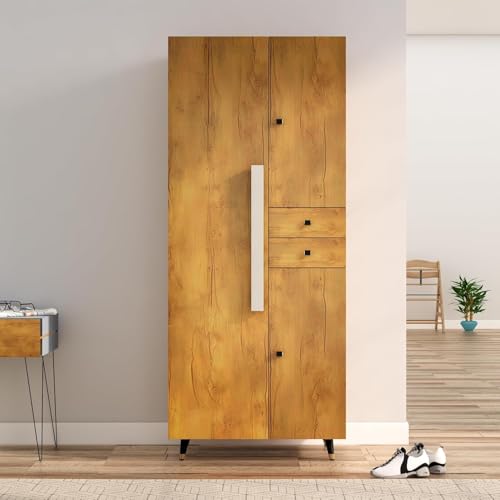 Image of Bniture 3 Door Wooden Wardrobe for Bedroom | Almirah for Clothes with 3 Shelves & 2 Hanging Sections | Full Height Storage Cupboard for Bedroom | Storage Cupboard with Long Bar Handle | Giant Wood