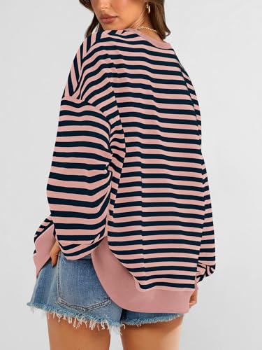 Image of PRETTYGARDEN Womens Striped Oversized Sweatshirt Color Block Crew Neck Long Sleeve Casual Loose Pullover Top Y2K Clothes