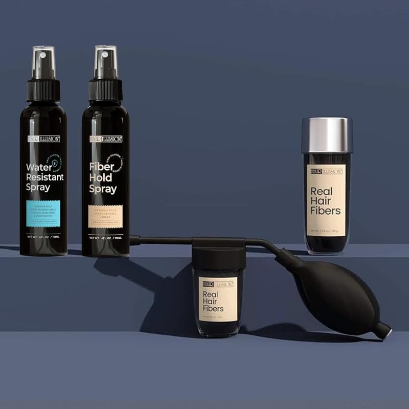 Hair Illusion 100% Real Hair Fibers Combo Kit Bundle: Fibers Hold & Water Spray & Applicator for Instant Natural Fuller Hair for Thinning & Enhancement Blend (Black)