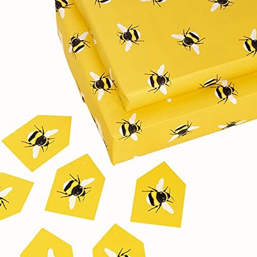 Bee Wrapping Paper - 6 Sheets of Gift Wrap for Girls Women Sister Daughter - Gift Wrapping Paper for Birthday - Yellow Giftwrap for Christening Baby Shower Easter Christmas Dayspring - By Central 23