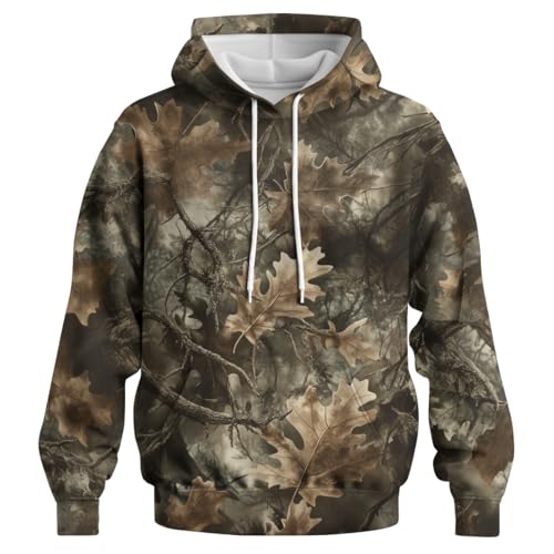 Rebaike Men's Tree Camo Hoodie Realistic Forest Oak Leaf Hunting Style Camouflage Sweatshirt,Grey,4XL