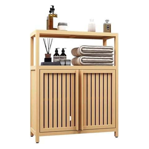 BAOMKONG Bamboo Storage Cabinet Bathroom Floor Cabinet Side Storage Organizer Cabinet with 2 Louvered Doors & Open Shelf Freestanding Console Table Entryway Bathroom Furniture, Natural Cover