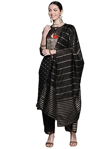 Image of INDO ERA Women's Silk Blend Embroidered Straight Kurta With Pant & Dupatta Set (KH9BK7270)