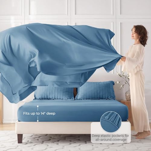 Image of MUXHOMO 7 Pieces King Comforter Set, Seersucker Bed in a Bag King Size, All Season Luxury Bedding Set with Comforter, Flat Sheet, Fitted Sheet, Pillowcases & Shams, Mineral Blue