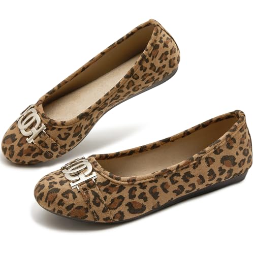 YEOGOR Womens Ballet Shoes Comfortable Slip on Round Toe Flat Casual Shoes for Walking, Driving, Dressy 9 M (Leopard)