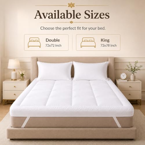 Image of Divine Casa Premium Microfiber Double Bed Mattress Topper (72 x 72 Inch) | 2 Inch Thick Mattress Pad | 500 GSM Super Soft Hollow Fiber Filling | Breathable | 4 Corner Elastic Bands | White