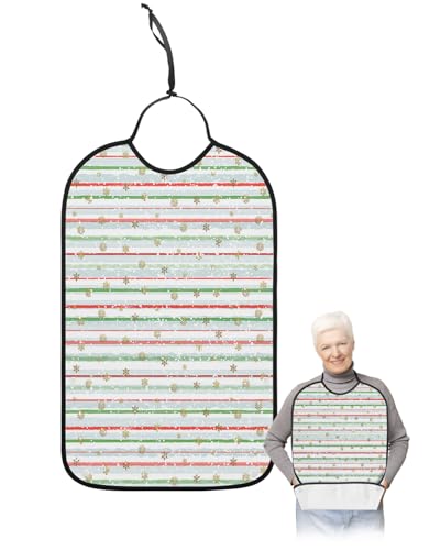 Kewadony Adult Bibs for Elderly Women - Christmas Waterproof Dining Clothing Protectors with Crumb Catcher for Eating/Feeding, Xmas Winter Snowflake Green Red Striped Terry Cloth Bib Machine Washable