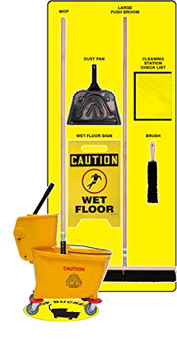 Accuform Clean & Mop Store-Board with Tools, Ultra Aluma-Lite Material, Yellow Board, Black Shadows