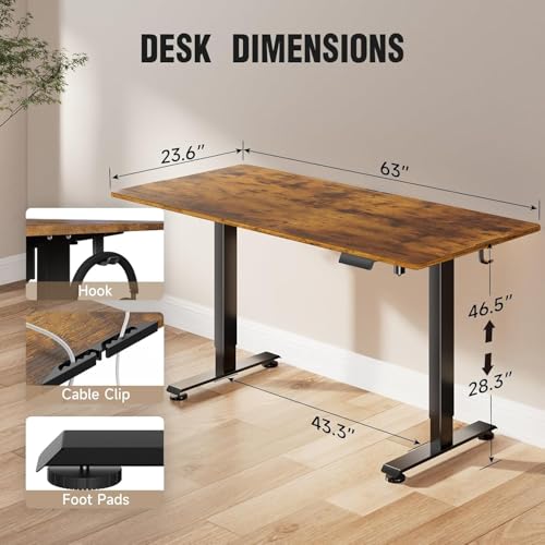 Image of Veken 63 Inch Electric Standing Desk, Height Adjustable Sit Stand Up, Wood Desktop, Work Home Office Computer PC Table, Tall Standup Workstation, Gaming Writing Study Bedroom Rising Desks, Brown