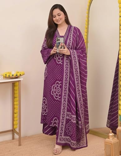 Image of Klosia Women Pure Cotton Kurta Pant Set with Dupatta | Bandhani Print Kurta Sets for Women | Comfortable Suit Sets|Regular Fit