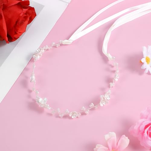 Haarschmuck Kommunion Mädchen Blumenmädchen Kopfschmuck Stirnband Prinzessin Blumenkranz Haare Weiß Perle Haarreifen Kopfbedeckung Blumen Haarkranz mit Band für Braut Damen Fotografie Hochzeit Zubehör