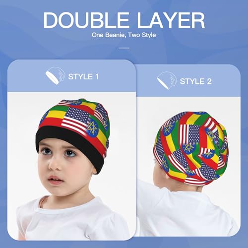 American Flag and Ethiopian Flag Kids Leisure Elastic Knitted Hat Junior Large Size Knit Cap Child Beanie Black3