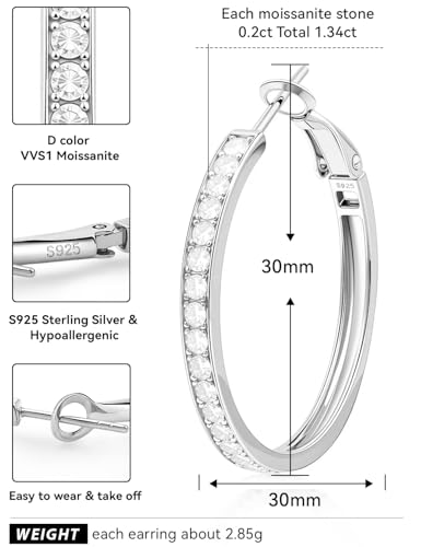RINEY&KY Moissanite Hoop Earrings for Women 30/50MM Large White Gold Plated Diamond Hoop Earrings Silver S925 Lightweight Inside Out VVS D Certified Moissanite Hoops 1.34/3.86carats2